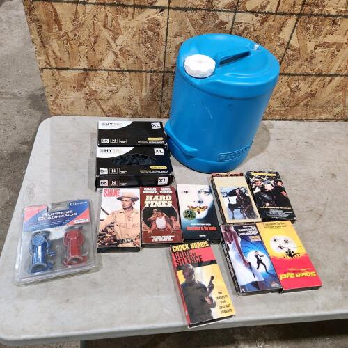 Xl Disposable gloves, gladhands, water jug, VHS movies