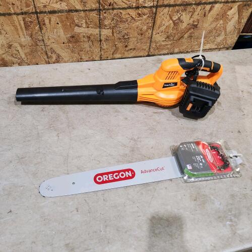 20V Leaf blower, 20" chainsaw bar & chain unused