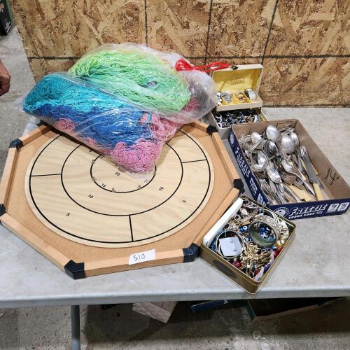 Crokinole board, yarn, etc