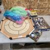 Crokinole board, yarn, etc