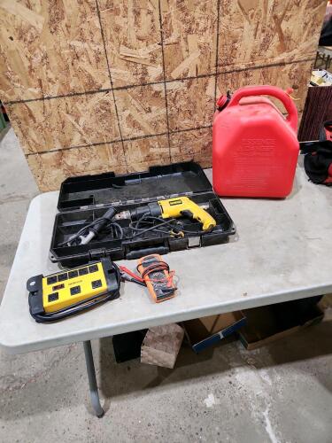 Klein multimeter, hammer drill, gas can