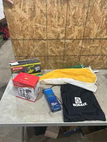 Ryobi sheet sander, torpedo level, coffee perc, etc