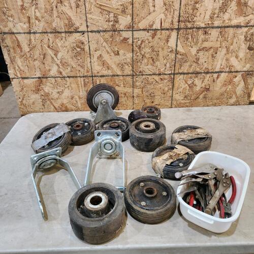 Various wheels, castors and hand tools