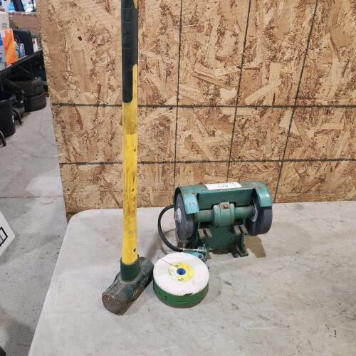 8lb Fibreglass handle sledge, 6" belt driven grinder w 2 new stones