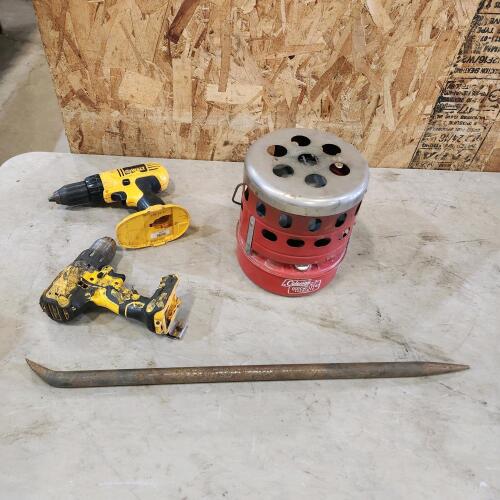 Coleman camp heater, Dewalt drills untested as is, pry bar