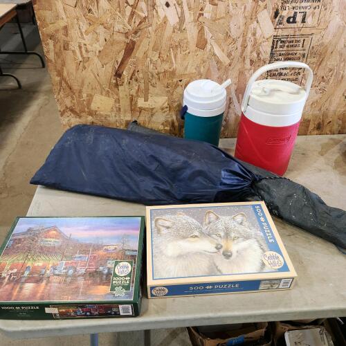 Tent sz & condition unknown, water jugs, puzzles