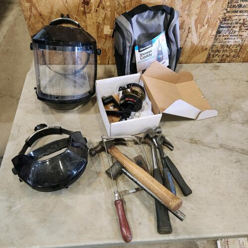 Face shields shower caddy, passage door knob, tools