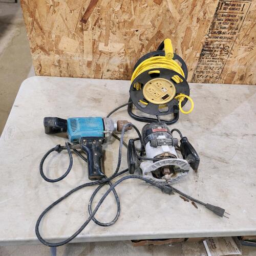 Makita drill, router, ext cord on reel