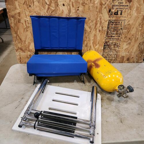 Diving tank, seat, boat ladder