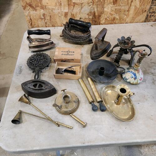 Vintage electric & sad iron, candle holders