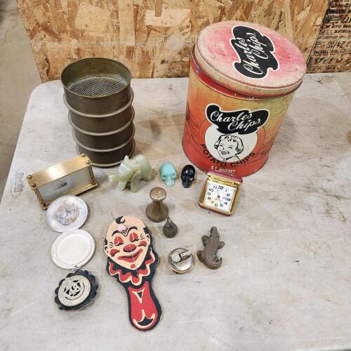 Vintage tin, various sized brass screens, soap stone figures, etc.