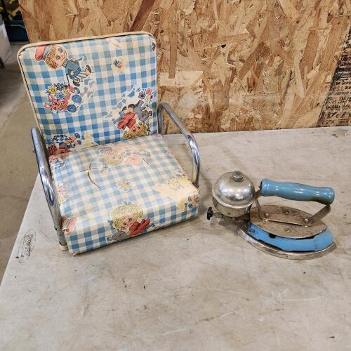 Vintage booster seat, steam iron