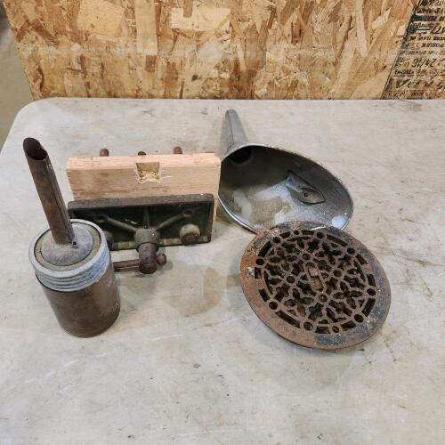 8" Wood vice, antique oil bottle, funnel & cast vent