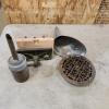 8" Wood vice, antique oil bottle, funnel & cast vent