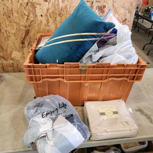 Tote of various curtains, linens, etc.