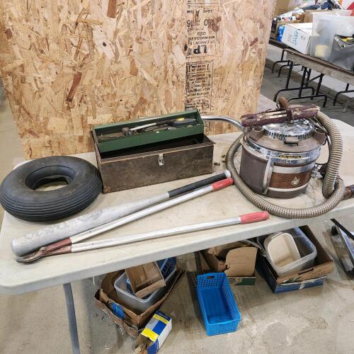 Never flat tire, toolbox w contents, vacuum