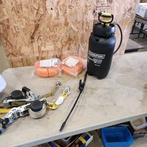 2 Ratchet straps, cord covers, 2 gal sprayer