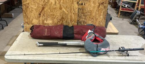 Lawn chair, alum baseball bats, fishing pole, children&rsquo;s life jacket