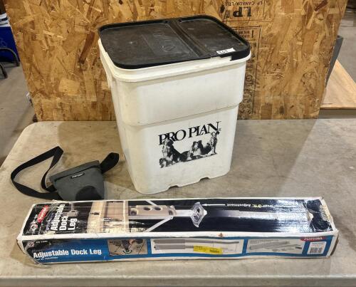 Adj dock leg, dog treat pack, empty food tub
