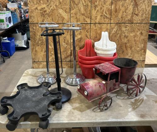 Decorative planter, hanging planters, toilet paper holders, bin roller cart