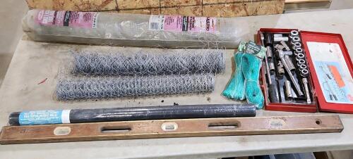 4' Level, garden fabric, chicken wire, etc