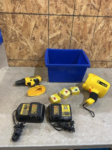 Dewalt 18v drill tool only, 2 Dewalt 12v batteries w chargers, etc
