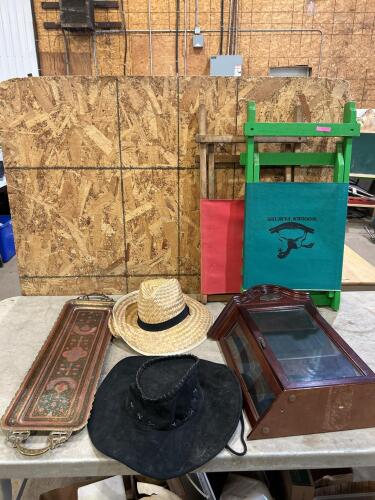 Brass serving tray, hats, display case, 2 wooden folding chairs
