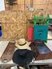 Brass serving tray, hats, display case, 2 wooden folding chairs