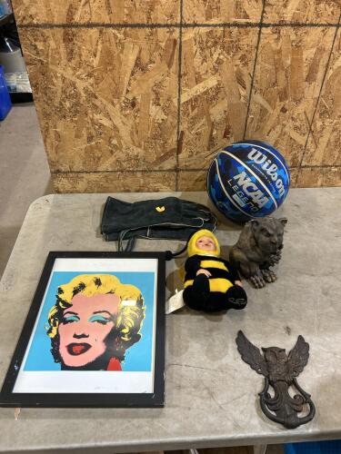 Welding gloves, basketball, Marilyn Monroe art, various decor
