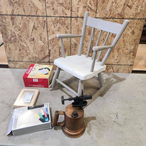 Kids rocking chair, kerosene torch, etc.