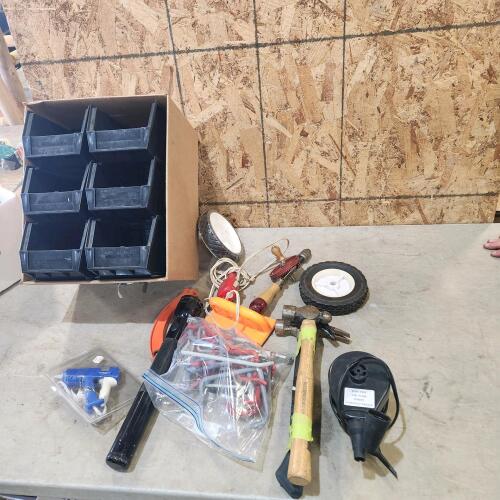 Storage bins, hammers, hooks, etc.