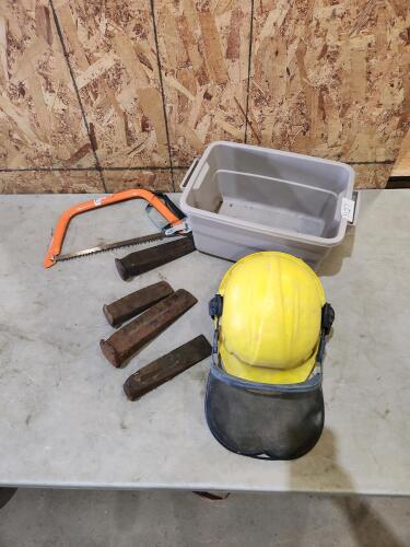 Chainsaw helmet, saw, splitting wedges