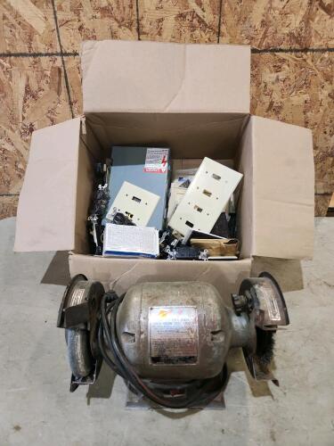 6" Bench grinder, assorted electrical items