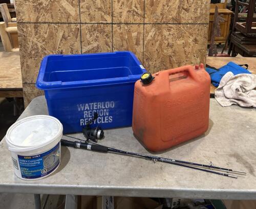 Duplex concrete waterproofing, fishing rod, gas can