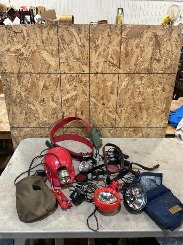 Miners helmet, spot lights, tool belts