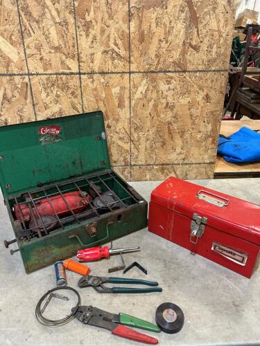 Naphtha camp stove, toolbox, assorted tools