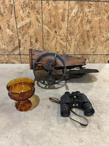 Antique cedar, binoculars, candy dish