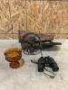 Antique cedar, binoculars, candy dish