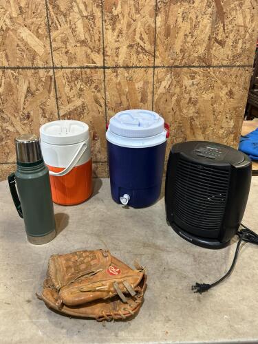 Water jugs, thermos, heater, baseball glove