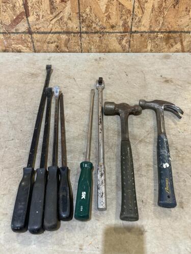 Prybars, screwdriver, 1/2&rdquo; breaker bar, Estwing hammers