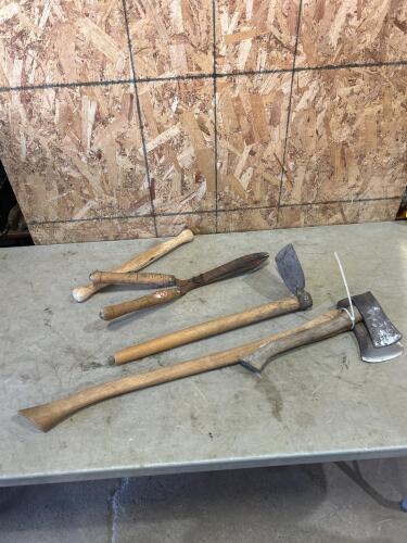 Axes, hoe, hedge trimmers