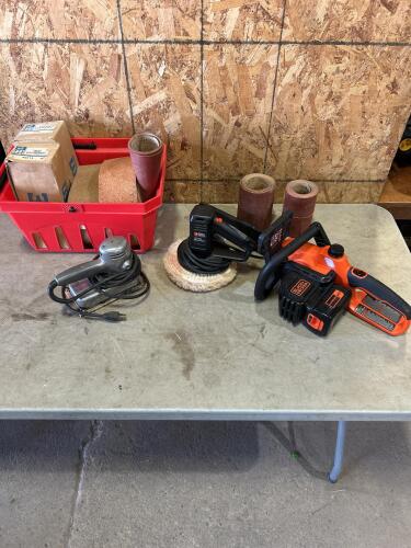Black & decker 40v chainsaw w battery no charger, polisher, sheet sander, sand paper