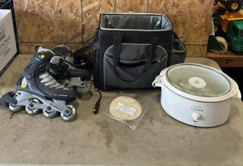 Koolatron w broken plug, sz 9 rollerblades, crock pot