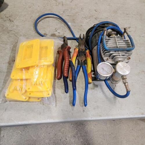 Air compressor, battery hangers, assorted pliers