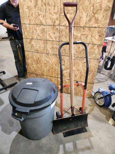 Garbage can, snow scraper, 2 wheel dolly