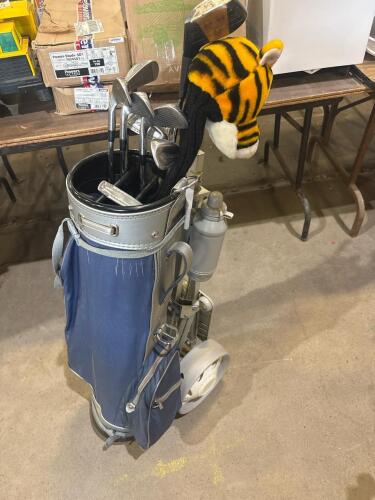 Golf clubs with bag and cart