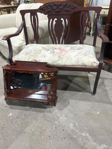 Vintage wooden bench, wall mount mirror shelf