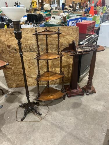 2 pedestals, corner shelf, floor lamp, mirror