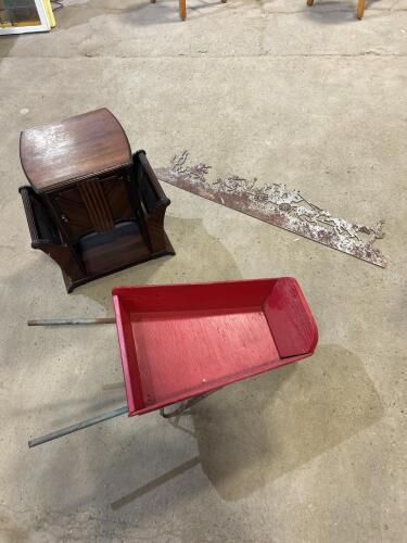 Magazine rack, decorative wheelbarrow, metal wall decor