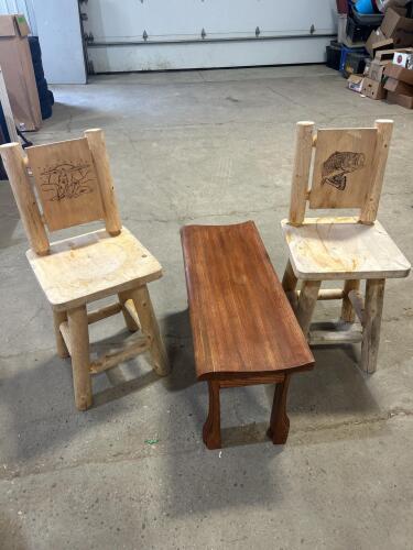 2 Laser etched wooden chairs, bench